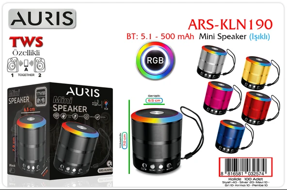 Auris Kln190 Bluetooth Speaker Mini Işıklı Bt5.1 500Mah 65 70Mm ürün görseli 1