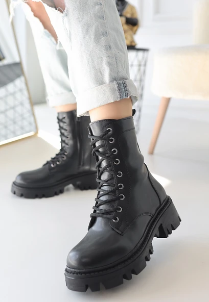 Flona Siyah Cilt Bağcıklı Bot - Resim 2
