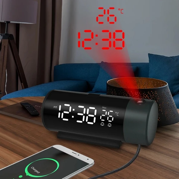 HyMark Projeksiyonlu Silindir USB Güç LED Ekran Çalar Saat Sıcaklık Çift Alarm ürün görseli 1