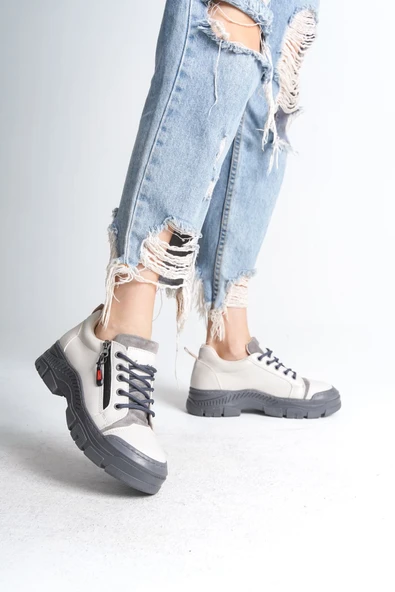 AGATHA Bağcıklı Fermuarlı Ortopedik Taban Kadın Sneaker Spor Ayakkabı CGT - Krem ürün görseli 1