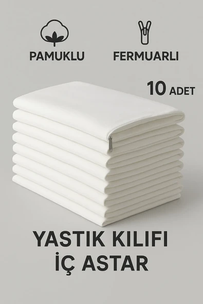 Pamuklu Fermuarlı 10'lu İç Yastık KIlıfı Beyaz Renkli İç Astar Yastık İç Kılıfı 50x 70 Şilte ürün görseli 1