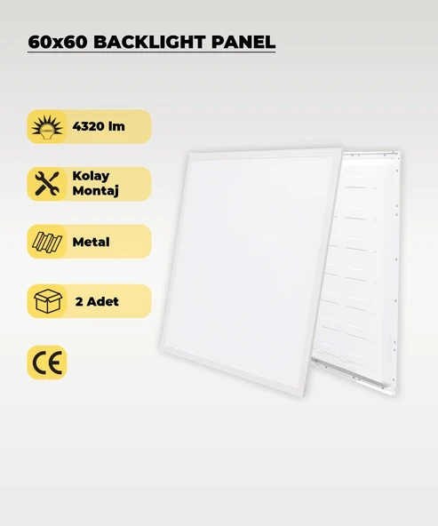 48W 60X60 Backlight Led Panel Armatür Beyaz Işık 2 Adet ürün görseli 1