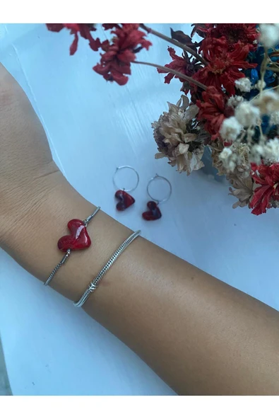 BAE ATOLYE Charm Kırmızı Kalp  Cam Murano Bileklik Kırmızı Ipli Asansör Bileklik ürün görseli 1