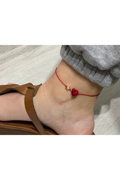 BAE ATOLYE Anne Kız Kombin  Kırmızı Cam Murano Kalp Ayarlanabilen Ip Halhal Bileklik ürün görseli 1