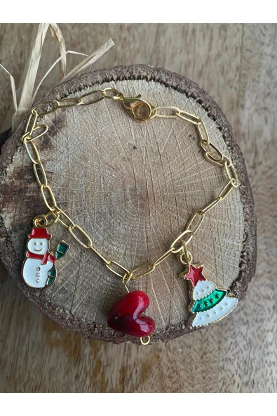 BAE ATOLYE Çam Ağacı Yılbaşı Altın Kaplama Zincir Charm Bileklik Kararmaz Altın Kaplama Noel Baba Kalp ürün görseli 1