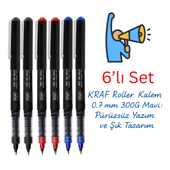 Kraf Roller Kalem 0.7 300G Mavi Kırmızı Siyah 6’lı Set ürün görseli 1