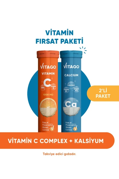 Vitago 2'li Paket- Vitamin C+kalsiyum, 20'li Efervesan Tablet ürün görseli 1
