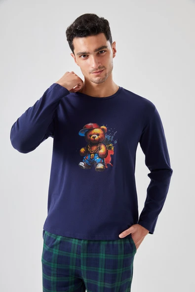 Erkek Pamuklu Ayıcık Baskılı Ekoseli Cepli Pijama Takımı ürün görseli 1
