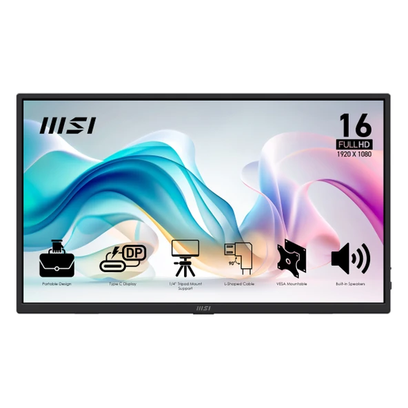 MSI Pro E6 MP165 15.6" 60Hz 4Ms HDMI+USB-C FullHD IPS Pivot Vesa Taşınabilir Monitör ürün görseli 1