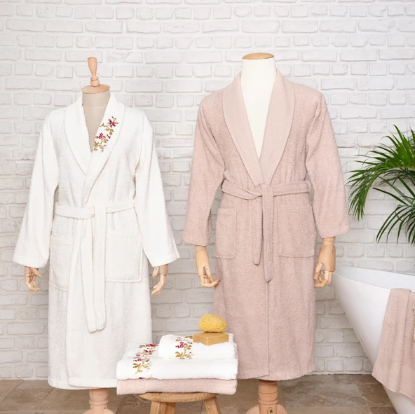 Karaca Home Flora Nakışlı 6 Parça Bornoz/Banyo/Yüz Havlusu Aile Banyo Seti Beyaz-Bej ürün görseli 1