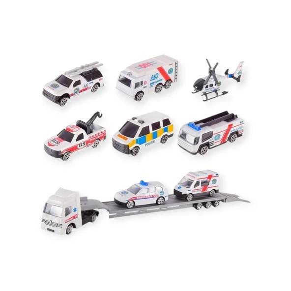 10 Parça Araç Taşıyan Tır Seti - Die Cast - DS047 - Ambulans ürün görseli 1