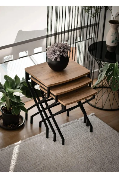 Modern Estetik Minimalist Çok Amaçlı Siyah Metal Ayak 3'lü Doğal Ahşap Zigon Sehpa ürün görseli 1