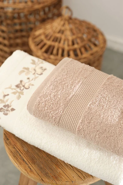 Karaca Home Flora Nakışlı Banyo/Yüz Havlusu Hamam Seti Bej  ürün görseli 1
