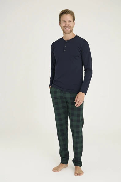Kly Erkek %100 Pamuklu Düğmeli Yaka Ekose Desen Uzun Kollu Pijama Takım ürün görseli 1