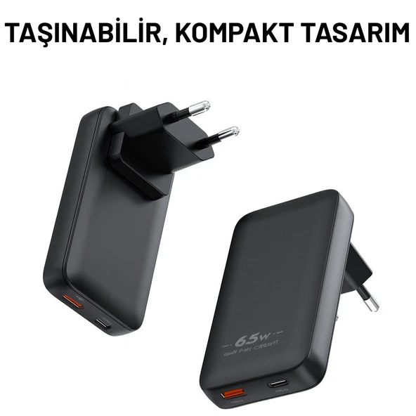 65W GaN Hızlı Şarj Adaptörü  USB-C + USB-A Çift Port, Akıllı Sıcaklık Kontrolü, Seyahat Dostu ürün görseli 1
