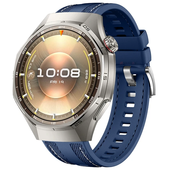Sneezy Huawei Watch GT6 Pro 46mm ile Uyumlu Metal Tokalı Dikiş Detaylı Şık Dokuma Silikon Kordon  Lacivert ürün görseli 1