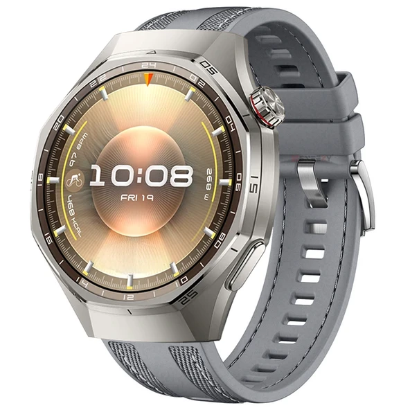 Sneezy Huawei Watch GT6 Pro 46mm ile Uyumlu Metal Tokalı Dikiş Detaylı Şık Dokuma Silikon Kordon  Gri ürün görseli 1