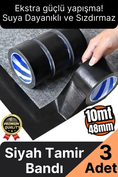 3 Adet Ekstra Güçlü Dayanıklı Su Geçirmez Sızdırmaz Yalıtım İzolasyon Siyah Tamir Bandı 10 Mt 48 Mm ürün görseli 1