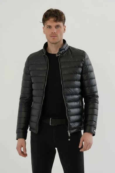 Erkek Siyah Slim Fit İçi Kalın Kürklü Su İtici Şişme Deri Ceket & Mont ürün görseli 1
