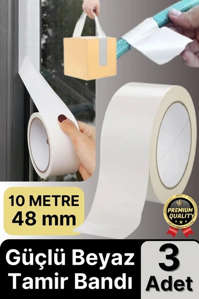 3 Adet Ekstra Güçlü Dayanıklı Su Geçirmez Sızdırmaz Yalıtım İzolasyon Beyaz Tamir Bandı 10 Mt 48 Mm ürün görseli 1