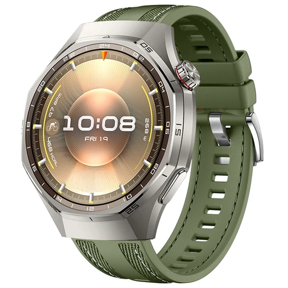 Sneezy Huawei Watch GT6 Pro 46mm ile Uyumlu Metal Tokalı Dikiş Detaylı Şık Dokuma Silikon Kordon  Haki ürün görseli 1