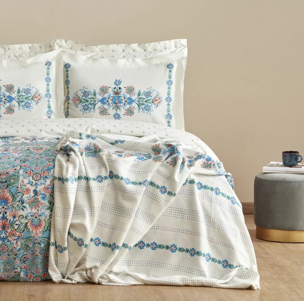 Karaca Home Arney %100 Pamuk Çift Kişilik Nevresim Pike Hediyeli Takımı Mavi ürün görseli 1