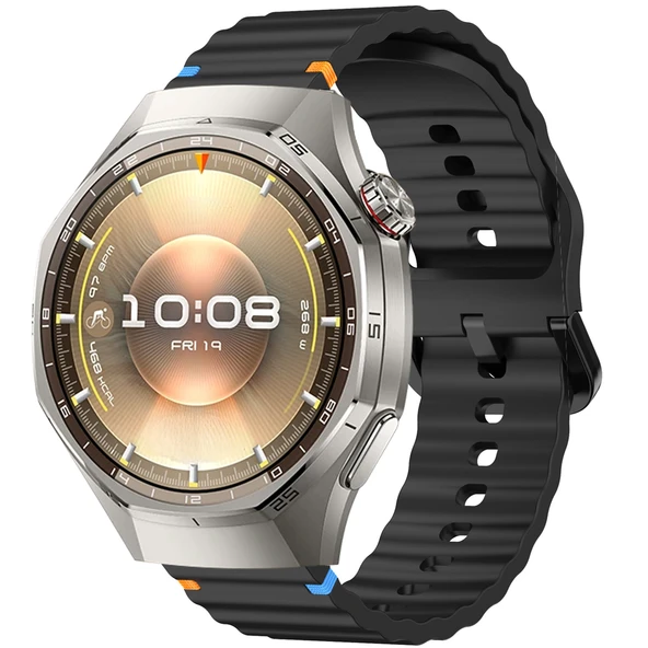 Huawei Watch GT6 Pro 46mm İle Uyumlu Dalga Desenli Tokalı Yumusaş Soft Silikon Kordon  Siyah ürün görseli 1