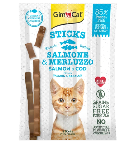 Gimcat Sticks Somonlu ve Morina Balıklı Tahılsız Kedi Ödül Çubukları 4'lü 20 Gr ürün görseli 1