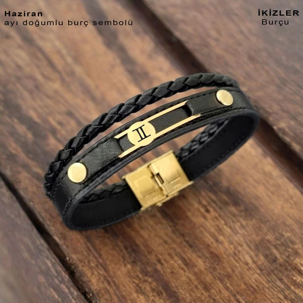 Doğum Ayına Özel 14 Ayar Altın Plakalı Yuvarlak Motifli Hakiki Siyah Derili Hediye Bileklik-418 ürün görseli 1