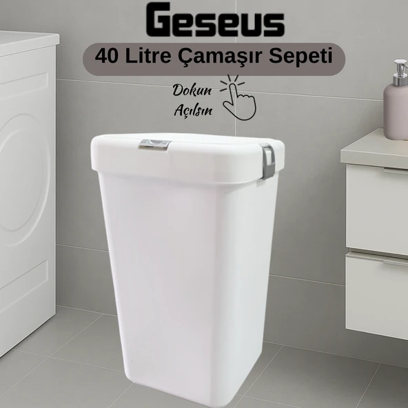 Gümüş Tekli Dokunmatik Çamaşır Sepeti Çöp Kovası Temizlik Kovası Kirli Sepet 40 Litre-MT008 ürün görseli 1