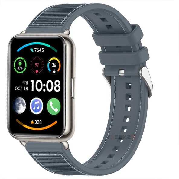 Sneezy Huawei Watch Fit 2 İle Uyumlu Dikiş Desenli Dokuma Silikon Kordon  Gri ürün görseli 1