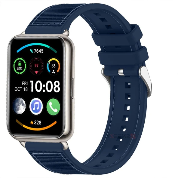 Sneezy Huawei Watch Fit 2 İle Uyumlu Dikiş Desenli Dokuma Silikon Kordon  Lacivert ürün görseli 1