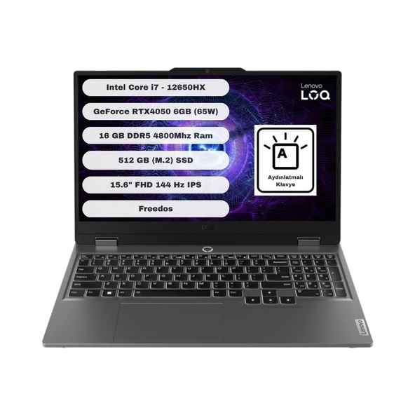 Lenovo LOQ Intel Core i7 12650HX 16GB 512GB SSD RTX4050 Freedos 15.6" FHD Taşınabilir Bilgisayar 83LK002VTR ürün görseli 1