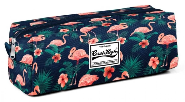 Coral High Tek Gözlü Yeşil/Pembe Flamingo Desenli Kalem Çantası - 22227 ürün görseli 1