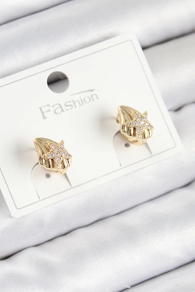 Pirinç Zirkon Taşlı Yıldız Model Gold Renk Çocuk Küpe - TJ-BKP11193 ürün görseli 1