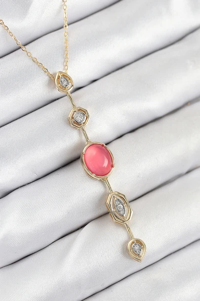 Pirinç Zincir Pembe Gold Renk Zirkon Taşlı Y Kolye - TJ-BKO10556 ürün görseli 1