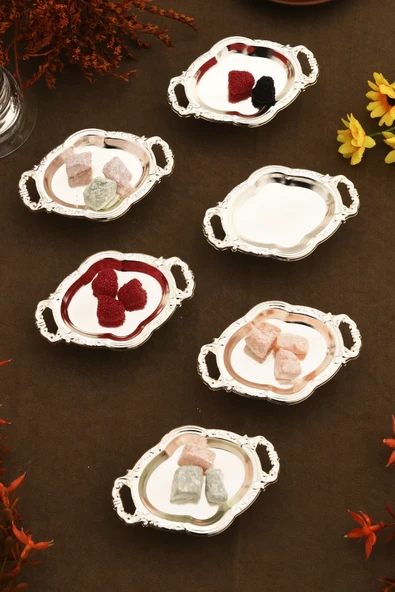 Mucit Home Gümüş Mini Kulplu Oval Model Ayaklı Lokumluk 6'lı Takım ürün görseli 1
