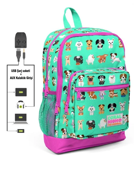 Coral High Kids Dört Gözlü Çocuk İlkokul Çantası - Sevimli Köpekler- USB+AUX Soketli ürün görseli 1