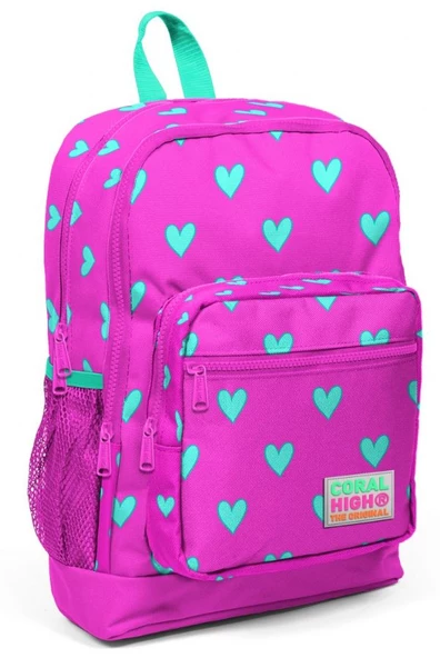 Coral High Kız Çocuk İlkokul Çantası - Pembe-Yeşil Kalp Desenli - Dört Bölmeli ürün görseli 1