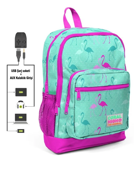 Coral High Kids Dört Gözlü Kız Çocuk İlkokul Çantası - Yeşil Flamingolar Baskılı - USB+AUX Soketli ürün görseli 1