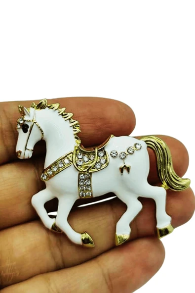 Beyaz At Broş Kristal Taşlı Zarif Horse Brooch Şık Hayvan Figürlü Aksesuar ürün görseli 1