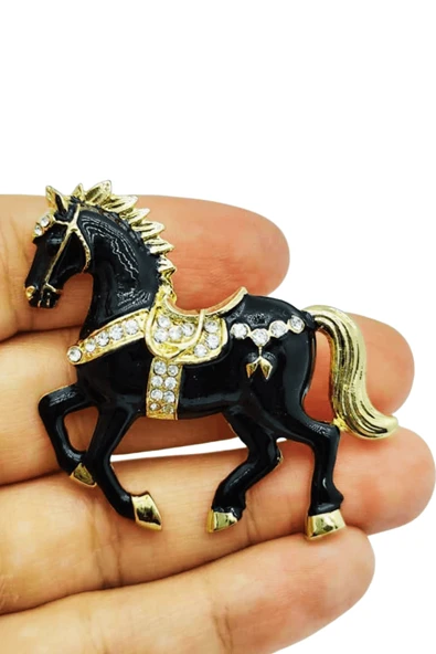 Siyah At Broş Kristal Taşlı Zarif Horse Brooch Şık At Figürlü Kadın Aksesuar ürün görseli 1