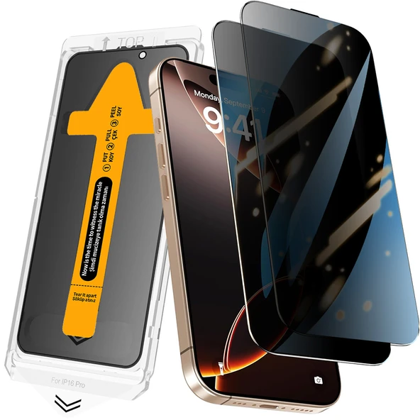 iPhone 14 Privacy Hayalet Temperli 2.5D Oliv Cam Ekran Koruyucu + Kolay Uygulama Aparatı ürün görseli 1