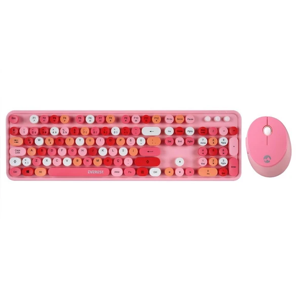 Everest ROUND KM-6282 Renkli Tuşlu Pembe Kablosuz Q Multimedia Klavye + Mouse Set ürün görseli 1