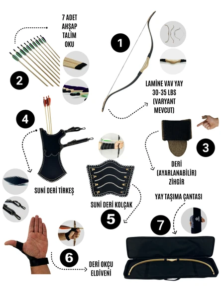 Geleneksel Okçuluk Lamine 'Vav' Set- Vav Yay + 7 Ok + Zihgir + Tirkeş + Kolçak + Eldiven + Çanta ürün görseli 1