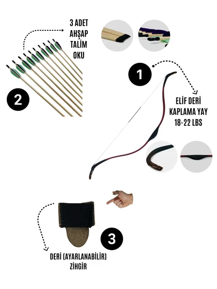 Geleneksel Okçuluk Başlangıç Seti - Elif Yay (Kaplamalı) + 3 Ok + Zihgir ürün görseli 1