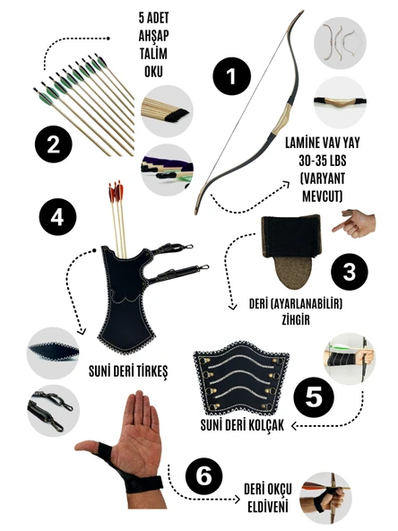 Geleneksel Okçuluk Lamine 'Vav' Set- Vav Yay + 5 Ok + Zihgir + Tirkeş + Kolçak + Eldiven ürün görseli 1
