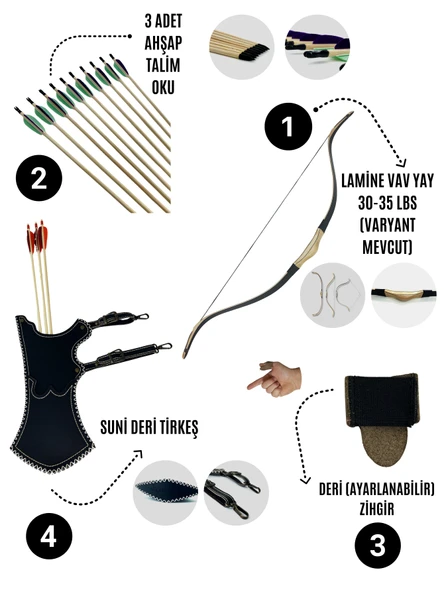 Geleneksel Okçuluk Lamine 'Vav' Set- Vav Yay + 3 Ok + Zihgir + Tirkeş ürün görseli 1