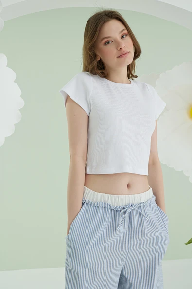 Mavi Crop Pijama Takım - Resim 2