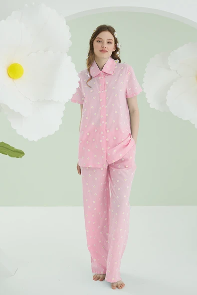 Pembe Papatyalı Önden Düğmeli Pijama Takımı ürün görseli 1